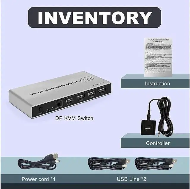 Alt view image 2 of 7 - DisplayPort KVM USB Switch 2 Port 4K 60Hz USB and DisplayPort Switch for 2 Computers Share Keyboard Mouse Printer Monitor for Laptop,PC,Xbox HDTV, with 2X USB Cable,1x Switch Button Cable