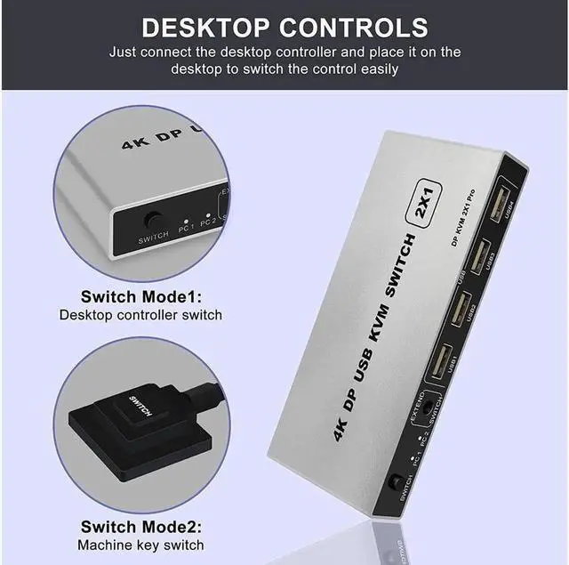 Alt view image 5 of 7 - DisplayPort KVM USB Switch 2 Port 4K 60Hz USB and DisplayPort Switch for 2 Computers Share Keyboard Mouse Printer Monitor for Laptop,PC,Xbox HDTV, with 2X USB Cable,1x Switch Button Cable