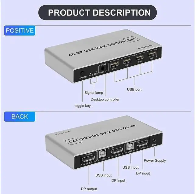 Alt view image 7 of 7 - DisplayPort KVM USB Switch 2 Port 4K 60Hz USB and DisplayPort Switch for 2 Computers Share Keyboard Mouse Printer Monitor for Laptop,PC,Xbox HDTV, with 2X USB Cable,1x Switch Button Cable