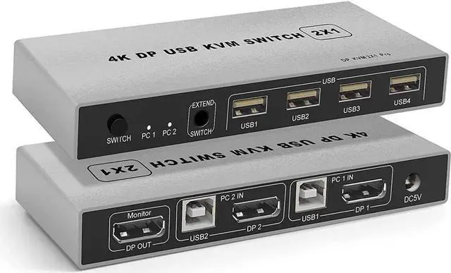 Main image of DisplayPort KVM USB Switch 2 Port 4K 60Hz USB and DisplayPort Switch for 2 Computers Share Keyboard Mouse Printer Monitor for Laptop,PC,Xbox HDTV, with 2X USB Cable,1x Switch Button Cable