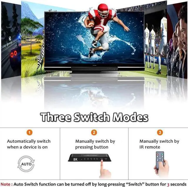 Alt view image 4 of 7 - [Upgraded] HDMI 2.1 Switch 8K @60Hz 4K @120Hz 4 in 1 Out HDMI Auto Switcher with Remote Support 48Gbps, HDR10+, HDCP2.3, D-o-l-b-y Vision/ Atmos and CEC (with US Power Adapter)