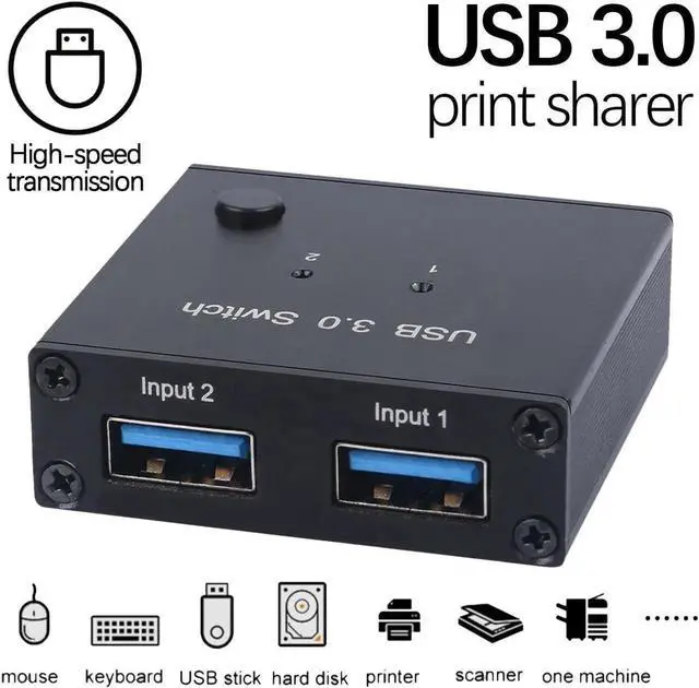 Main image of 2 Ports USB 3.0 Switcher 2 In 1 Out Selector 2 Computers Sharing 1 USB Devices For Keyboard Mouse Printer Scanner USB Disk