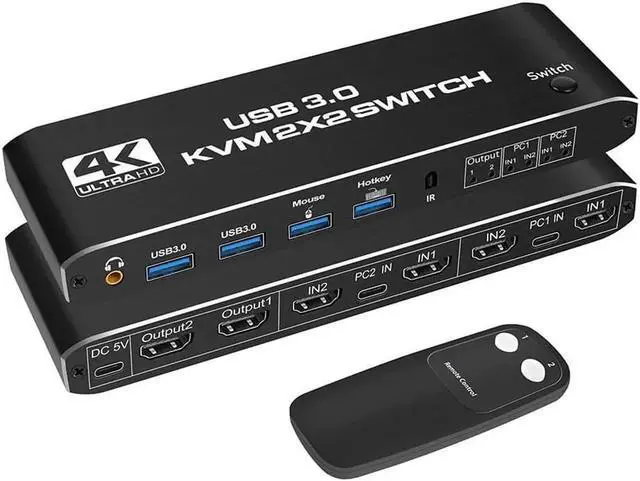 Main image of 2x2 USB 3.0 KVM Switch 2 Monitors 2 Computers 2 in 2 Out, 2 Port Dual Monitor HDMI KVM switches with Audio, Keyboard Video Mouse Peripherals KVM Switch Support UHD 4K @60Hz, USB 3.0 Hub, Hotkey