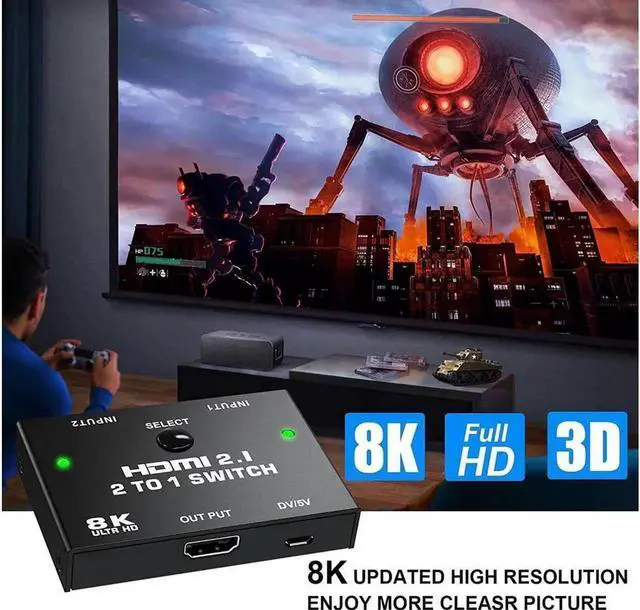 Alt view image 5 of 7 - 8K HDMI Switcher - 2 Ports HDMI 2.1 Switcher 2 in 1 Out HDMI Switcher Support 8K @60Hz 4K @120Hz 3D HDR for PS5 PS4 Pro Xbox One X Blue-Ray HDTV Player
