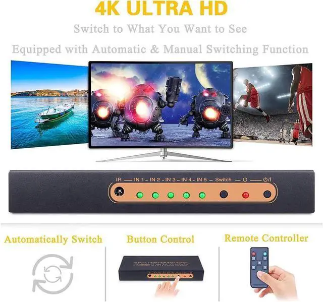 Alt view image 5 of 7 - 5 Ports HDMI Switch 4K, 5x1 HDMI Splitter Switch 5 In 1 Out HDMI Switcher with IR Remote Support 4K 60hz, 2K, 1080P, 3D, HDCP 2.2, UHD, HDR for PS 3/4, XBOX One/360, DVD Player, HDTV, Projector