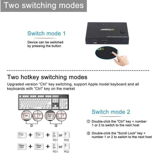 Alt view image 7 of 7 - Switch HDMI 2 Port Box, Share 2 Computers with one Keyboard Mouse and one HD Monitor, Support Wireless Keyboard and Mouse Connections, UHD 4K (3840x2160) Supported