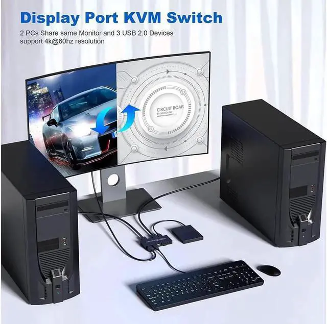 Alt view image 2 of 7 - Switch DisplayPort - 2 Port Displayport KVM Switch, Two Computers One Monitor Switch to Share Mouse,Keyboard,Printer,USB and Ultra HD Monitor, Support 4K@60Hz, 2 DP Cable and 2 USB Cable Included