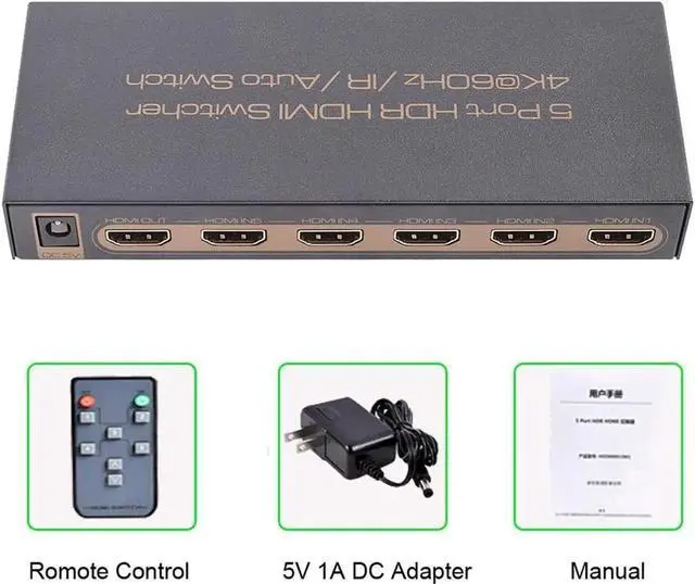 Alt view image 5 of 7 - 4K @60Hz Premium 5 Port HDMI Switch with Remote, 5 in 1 Out 4Kx2K HDMI Auto Switcher, 5x1 HDMI Switch Support UHD, HDR10, Dolby Vision, Atmos, YCbCr 4:4:4, HDCP2.2 and CEC (with US Power Adapter)