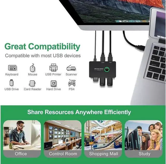 Alt view image 4 of 7 - 2 in 4 Out USB 3.0 KVM Switch, Premium USB Switcher Box for 2 Computers Sharing 4 USB Devices, USB 3.0 Switch for Keyboard Mouse Printer Scanner, Peripheral Switcher Compatible with Mac/Windows/Linux