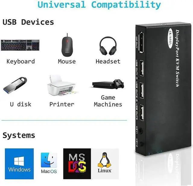 Alt view image 7 of 7 - Switch DisplayPort - 2 Port DP KVM Switch, Two Computers One Monitor Switch to Share Mouse,Keyboard,Printer, USB 2.0 Device and Ultra HD Monitor, Support 4K @60Hz, 2 DP and 2 USB Cable Included