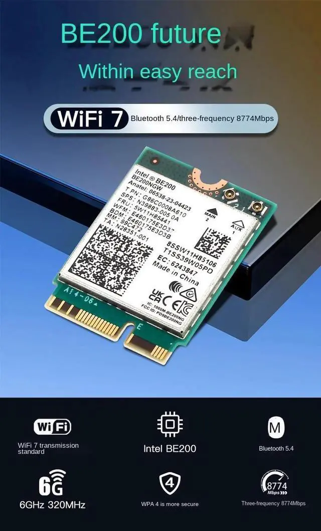 Alt view image 6 of 7 - New Wi-Fi 7 Intel BE200 Bluetooth 5.4 Wifi Card BE200NGW 2.4/ 5/ 6 GHz 5.8 Gbps For Windows 10/11 PC Laptop With Antennas
