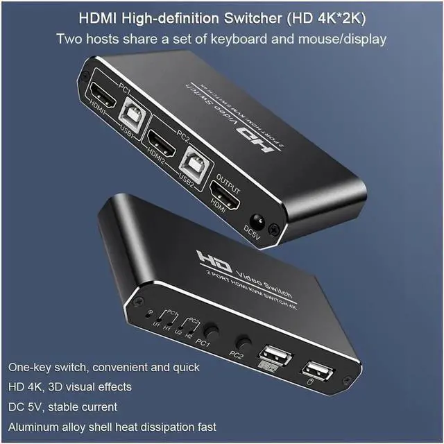 Alt view image 3 of 7 - 1Pcs 2X1 HDMI KVM Switch Monitor Swich UHD 4K@30Hz 2 In 1 Out Hotkey Switch with 2 Pcs 4.9ft KVM Cables Supports Mechanical and Multimedia Keyboard &Mouse USB 2.0 Devices