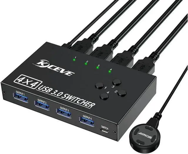 Main image of USB 3.0 Switch Selector 4 Port, 4 in 4 Out USB KVM Switcher 4 Computers Sharing 4 USB Devices, USB Peripheral Switcher for Keyboard Mouse Printer Scanner,with Wired Remote Button and 4 USB 3.0 Cable