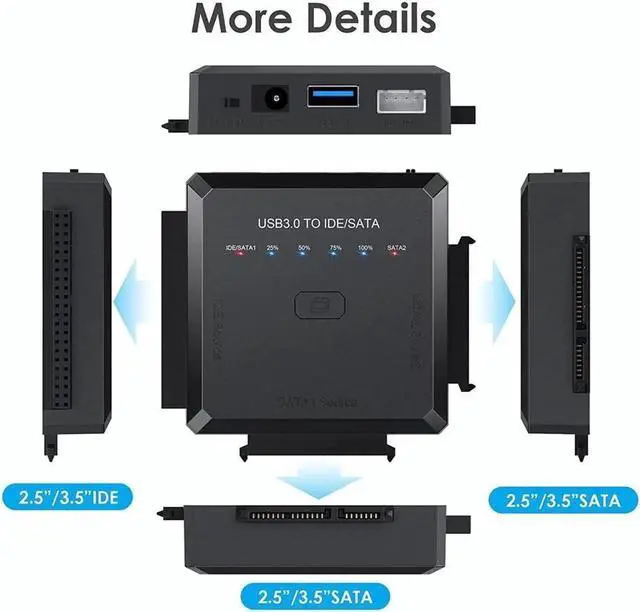 Alt view image 6 of 7 - USB 3.0 to SATA IDE Adapter Cable w/One Touch Backup, External Hard Drive Reader for Universal 2.5" 3.5" SSD HDD CD/DVD Optical Drives, Data Recovery Converter w/12V/2A Power Adapter