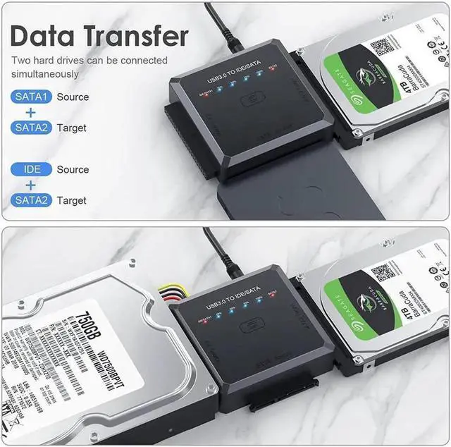 Alt view image 2 of 7 - USB 3.0 to SATA IDE Adapter Cable w/One Touch Backup, External Hard Drive Reader for Universal 2.5" 3.5" SSD HDD CD/DVD Optical Drives, Data Recovery Converter w/12V/2A Power Adapter