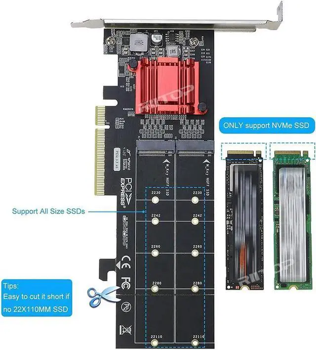 Alt view image 4 of 6 - Dual NVMe PCIe Adapter, M.2 NVMe SSD to PCI-e 3.1 x8/x16 Card Support M.2 (M Key) NVMe SSD 22110/2280/2260/2242/2230