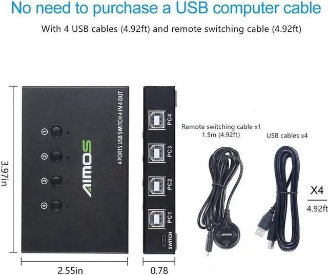 Alt view image 7 of 7 - USB Switch Selector 4 Port, USB KVM Switcher 4 Computers Sharing 4 USB Devices One-Button Swapping, for Share Mouse, Keyboard, Printer, Scanner, with 4 USB Cables