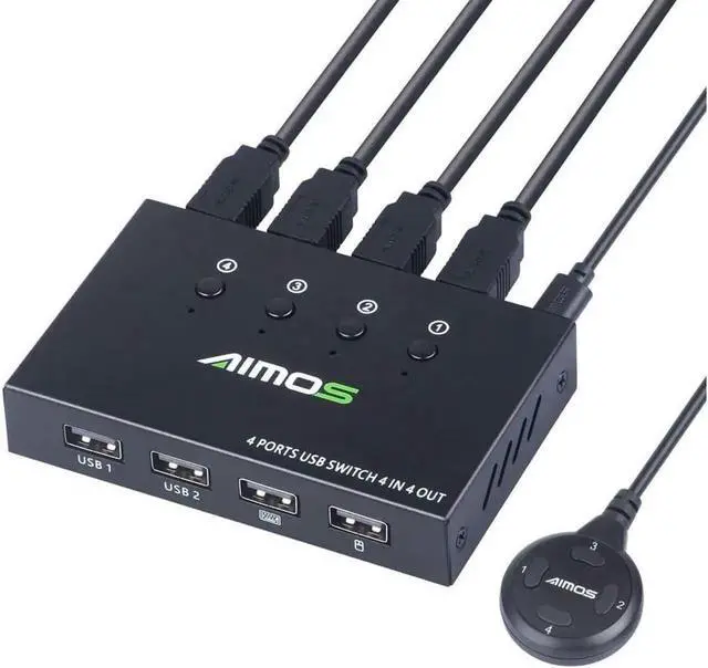 Main image of USB Switch Selector 4 Port, USB KVM Switcher 4 Computers Sharing 4 USB Devices One-Button Swapping, for Share Mouse, Keyboard, Printer, Scanner, with 4 USB Cables