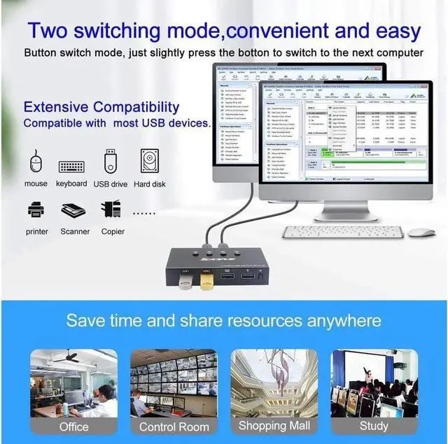 Alt view image 4 of 7 - USB 2.0 Switch Selector, 4 in 4 Out USB HUB KVM Switcher for 4 Computers Sharing 4 USB Devices For Mouse, Keyboard, Scanner, Printer, With Remote control (Battery not included)