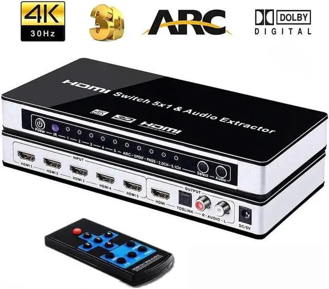 Main image of 5x1HDMI Switch HDMI with Audio Extractor ARC IR Remote HDMI Switcher, 4Kx2K 3D ARC Audio EDID 7.1CH/ADV/2CH 5 Port HDMI Audio Extractor Switch Converter for PS3, PS4, Bluray Player, Virgin Box