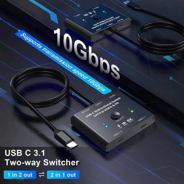 Alt view image 3 of 6 - 8K USB C Bi-Direction Switch 1x2/2x1 Data Video Switcher USB 3.1 PD 100W Splitter For Computer Monitor Multiple Source KVM