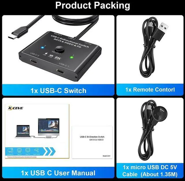 Alt view image 6 of 6 - 8K USB C Bi-Direction Switch 1x2/2x1 Data Video Switcher USB 3.1 PD 100W Splitter For Computer Monitor Multiple Source KVM