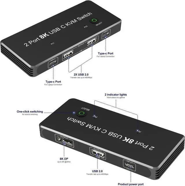 Alt view image 2 of 6 - 3/4 KVM Switch USB-C to Displayport With 3 Port USB2.0 8K@60Hz 4K@144Hz DP 1.4 for Monitor Mouse Keyboard Printer