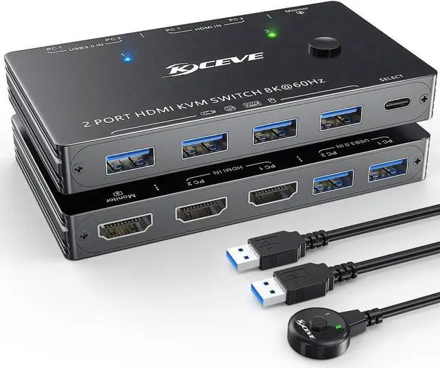 Main image of USB 3.0 HDMI KVM Switch HDMI 2 Ports 8K 60Hz 4K 120Hz HDMI 2.1 KVM Switch for 2 Computers 1 Monitor and 4 USB 3.0 Ports