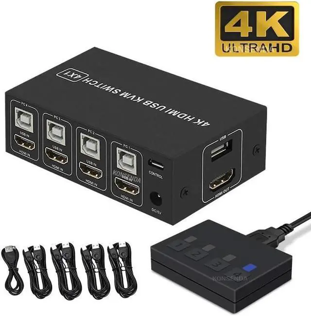 Main image of 4 port HD KVM Switch HDMI-compatible 4K USB HD Switcher HD KVM HDMI compatible 4 in 1 out 4K 30HZ win10/8/mac os. PC laptop