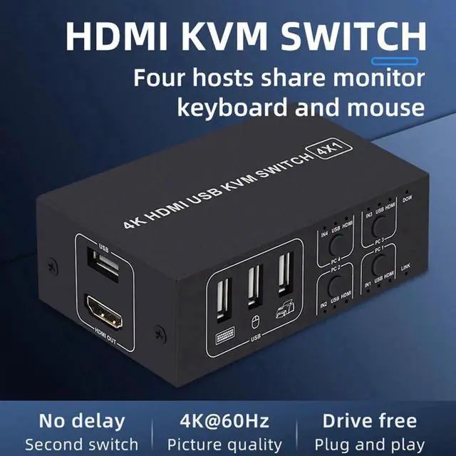 Alt view image 6 of 6 - 4 port HD KVM Switch HDMI-compatible 4K USB HD Switcher HD KVM HDMI compatible 4 in 1 out 4K 30HZ win10/8/mac os. PC laptop