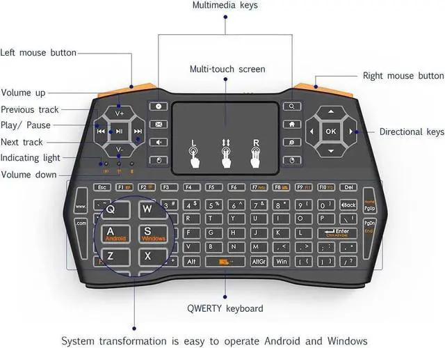 Alt view image 6 of 6 - Aomoproing Original VIBOTON i8 Plus 2.4G Wireless Keyboard Fly Air Mouse with Touchpad 3-Color Backlight For Laptop/Tablet/PC/TV box/Gamer