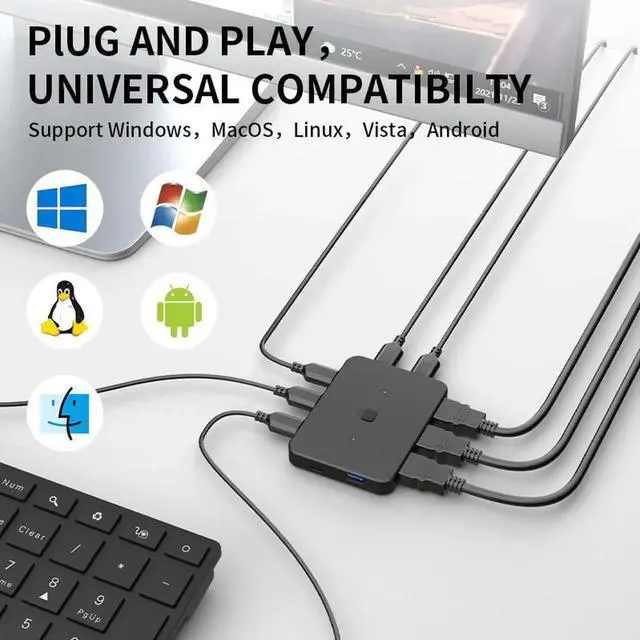 Alt view image 3 of 6 - USB HDMI KVM Switch 2 in 1 out 4K@60Hz HDMI Switcher Extended 4 Ports USB3.0 Hub with HDMI 2.0 Cables for Computer Laptop