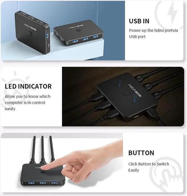 Alt view image 5 of 6 - USB HDMI KVM Switch 2 in 1 out 4K@60Hz HDMI Switcher Extended 4 Ports USB3.0 Hub with HDMI 2.0 Cables for Computer Laptop