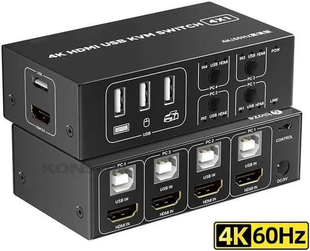 Main image of 4K 60Hz HDMI KVM switch Box HDMI USB KVM Switch 4 in 1 out with Desktop controller Support 4 Monitor Mouse Keyboard PC Laptop