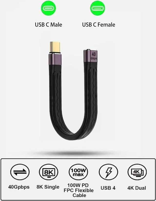 Alt view image 4 of 6 - USB C Extension Cable(0.4Ft), Short USB-C Male to Female Flexible Cable Support Thunderbolt 4/3,USB4, PD 100W,8K/4K Video,40Gbps Date Transfer for External SSD, EGPU, Docking,MacBook,Phone