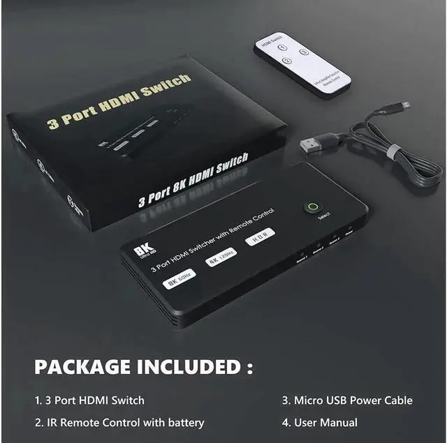 Alt view image 3 of 7 - 8K HDMI Switch 3 in 1 Out, Ultra-HD 48Gbps HDMI 2.1 Switcher with Remote Control, Support 8K @60Hz 4K @120Hz, Dynamic HDR, Compatible with PS5, Xbox X