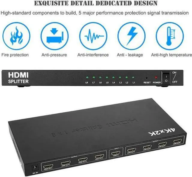 Alt view image 4 of 7 - 1 in 8 Out 4K HDMI Splitter 1x8 Ports Video Box Supports Full Ultra HD 4K/2K@ 30Hz 1080p and 3D Resolutions for PC Blu-Ray Player HDTV