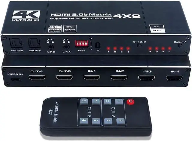 Main image of Matrix Switch 4x2, 4K HDMI Matrix Switcher Splitter 4 in 2 Out Box with EDID Extractor and IR Remote Control Support 4K HDR, HDMI 2.0b, HDCP 2.2, 4K @60Hz, 3D, 1080P