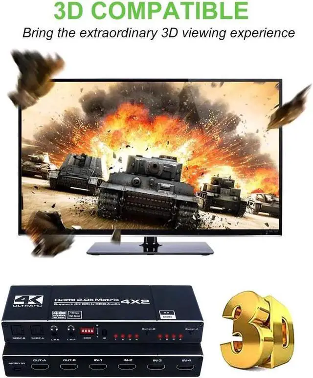 Alt view image 2 of 7 - Matrix Switch 4x2, 4K HDMI Matrix Switcher Splitter 4 in 2 Out Box with EDID Extractor and IR Remote Control Support 4K HDR, HDMI 2.0b, HDCP 2.2, 4K @60Hz, 3D, 1080P