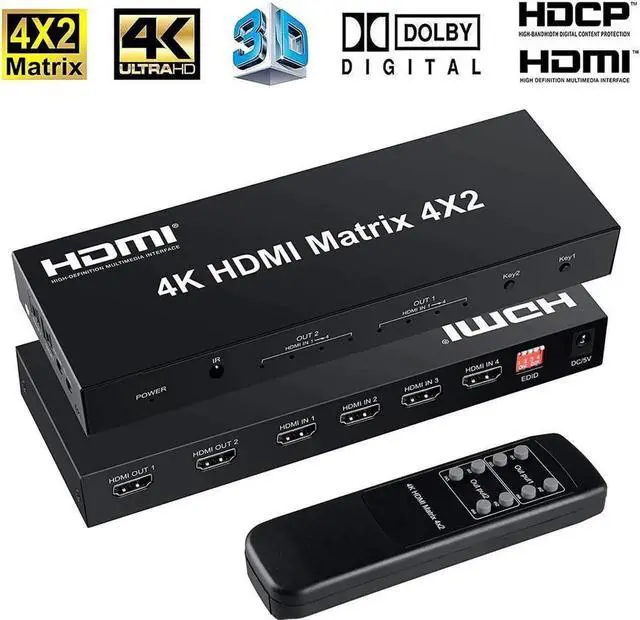 Alt view image 4 of 7 - 4x2 HDMI Matrix Switch, 4 in 2 Out Matrix HDMI Video Switcher Splitter + Optical & L/R Audio Output, Support Ultra HD 4K x 2K,3D 1080P, Audio EDID Extractor with IR Remote Control &Power Adapter