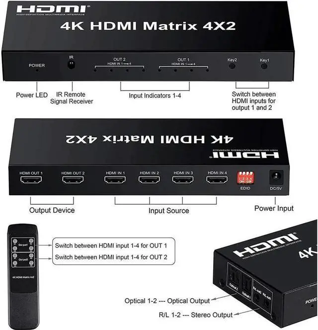 Alt view image 2 of 7 - 4x2 HDMI Matrix Switch, 4 in 2 Out Matrix HDMI Video Switcher Splitter + Optical & L/R Audio Output, Support Ultra HD 4K x 2K,3D 1080P, Audio EDID Extractor with IR Remote Control &Power Adapter