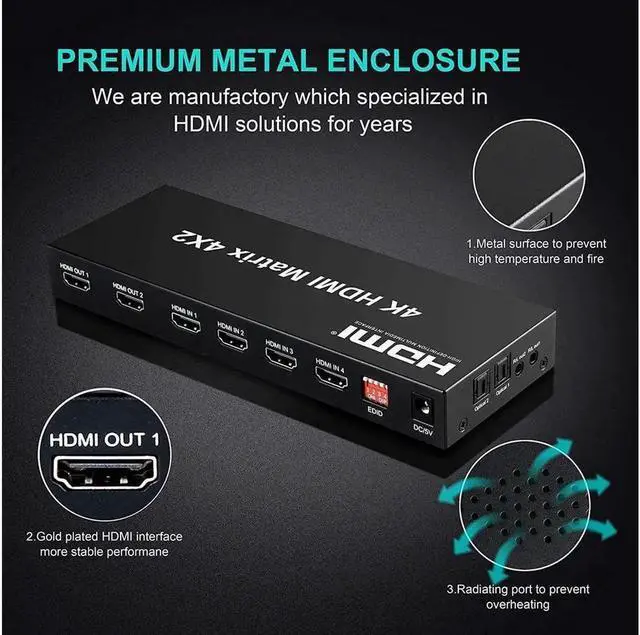Alt view image 7 of 7 - 4x2 HDMI Matrix Switch, 4 in 2 Out Matrix HDMI Video Switcher Splitter + Optical & L/R Audio Output, Support Ultra HD 4K x 2K,3D 1080P, Audio EDID Extractor with IR Remote Control &Power Adapter