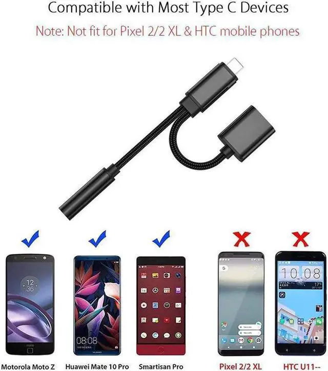 Alt view image 5 of 7 - USB Type C To 3.5mm Headphone Jack Adapter 2 In 1 Type c Aux Audio for Samsung A8 A9 Huawei Nova 4 Mate 20 Pro Oneplus 7Pro