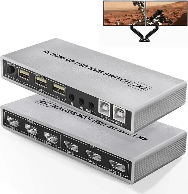Main image of Monitor DisplayPort HDMI KVM Switch 2x2 4K@60Hz 2-Port Extended Display 2 in 2 Out DP HDMI KVM Switch 2 Monitors 2 Computer