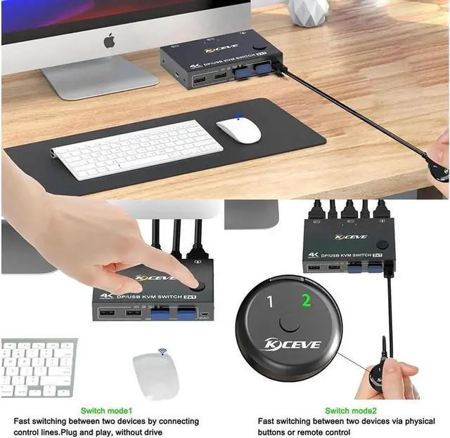 Alt view image 4 of 7 - 2 Port Display Port KVM DP Switch 2 in 1 Out, DisplayPort KVM Switcher Support 4K @60Hz Control Up to 2 Computers for Share Keyboard, Mouse, Monitor