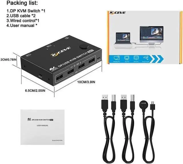 Alt view image 7 of 7 - 2 Port Display Port KVM DP Switch 2 in 1 Out, DisplayPort KVM Switcher Support 4K @60Hz Control Up to 2 Computers for Share Keyboard, Mouse, Monitor