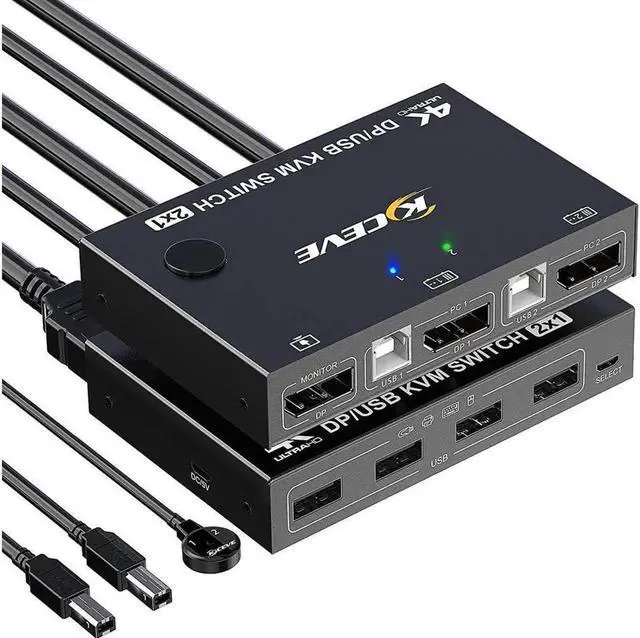 Main image of 2 Port Display Port KVM DP Switch 2 in 1 Out, DisplayPort KVM Switcher Support 4K @60Hz Control Up to 2 Computers for Share Keyboard, Mouse, Monitor