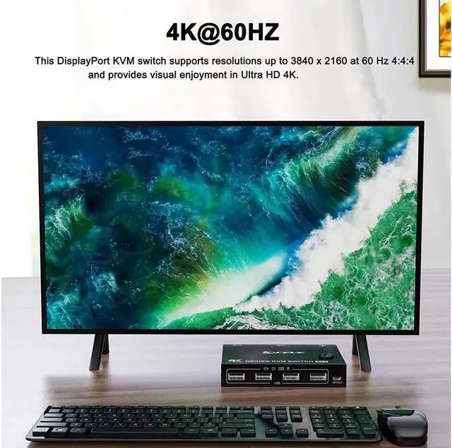 Alt view image 3 of 7 - 2 Port Display Port KVM DP Switch 2 in 1 Out, DisplayPort KVM Switcher Support 4K @60Hz Control Up to 2 Computers for Share Keyboard, Mouse, Monitor