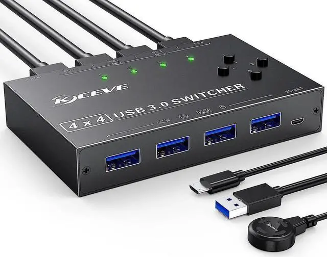 Main image of Aomoproing USB 3.0 Switch Selector 4 Computers Share 4 USB 3.0 Ports, 3.0 Switch for Keyboard Mouse Switch,USB Switcher Compatible with Mac/Windows/Linux,Wired Remote and 4 USB 3.0 Cable Included