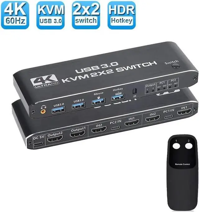 Main image of 2 Port KVM Switch HDMI Dual Monitor Switcher for 2 Computers and 2 Monitors, 4K @60Hz 2x2 HDMI + HDMI Dual Monitor KVM Switch with Hotkey Switching and 3.5mm Jack Audio Output